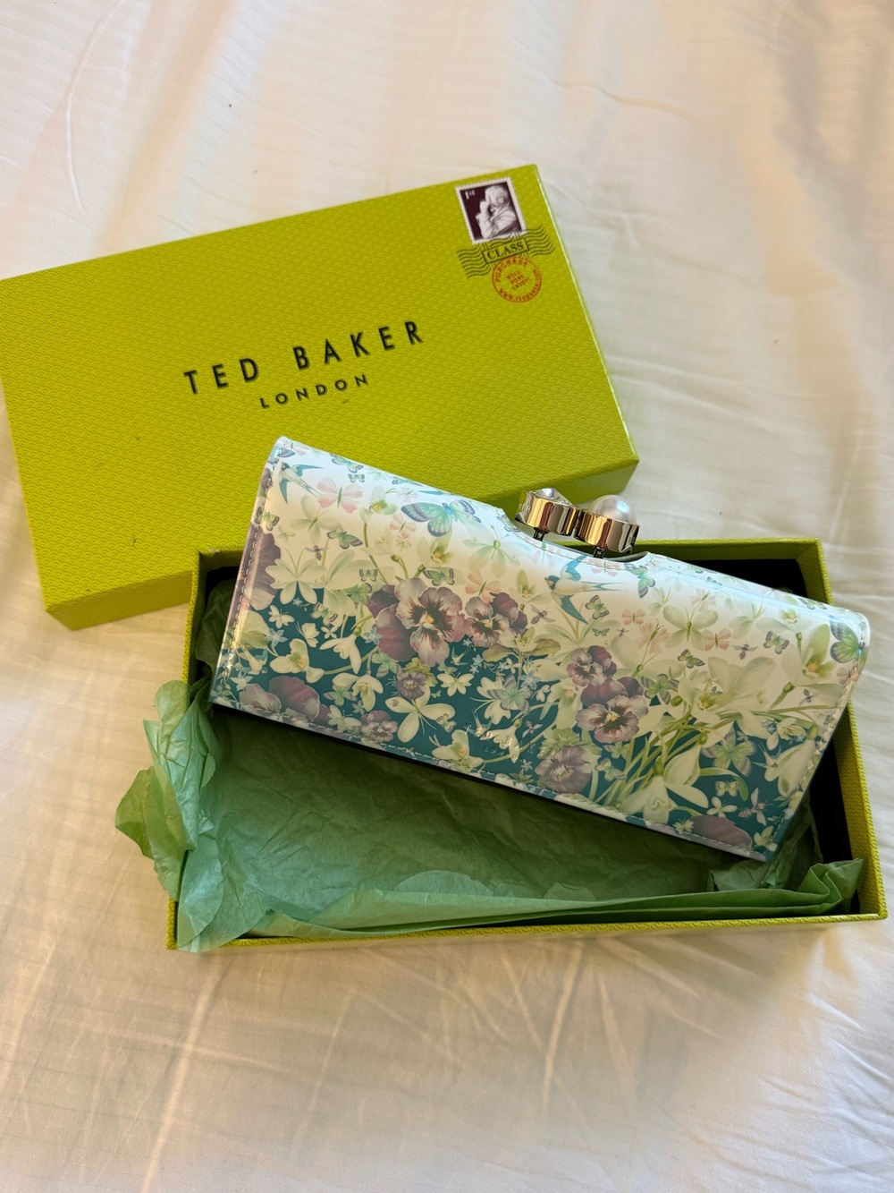 NWT Ted Baker Floral Clutch or Wallet with Gold Rhinestone pearl Kiss-Lock